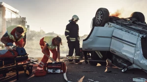 Emergency responders treating an injured victim on a stretcher beside an overturned burning vehicle, representing the life-altering injuries in serious car accident cases