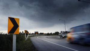 Speeding vehicle approaching turn