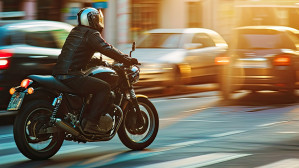 Helmeted motorcyclist in leather jacket navigating heavy city traffic at dusk