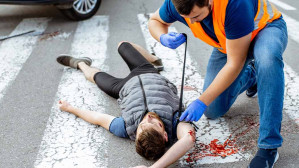 An emergency responder attending to the victim of a Houston pedestrian accident.