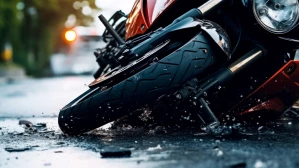 Red and black motorcycle crashed on wet pavement with emergency lights visible in background